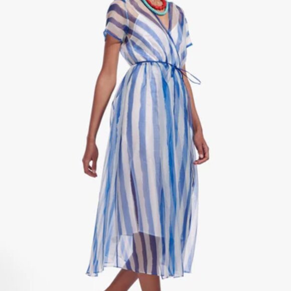 STAUD Flippa Blue & White Stripe Organza Wrap Midi Dress NWT - Picture 13 of 15